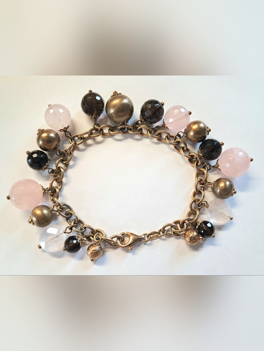 ITAOR Vintage Italy 925 Sterling Silver Heavy Smoky Rose Quartz Charm Bracelet